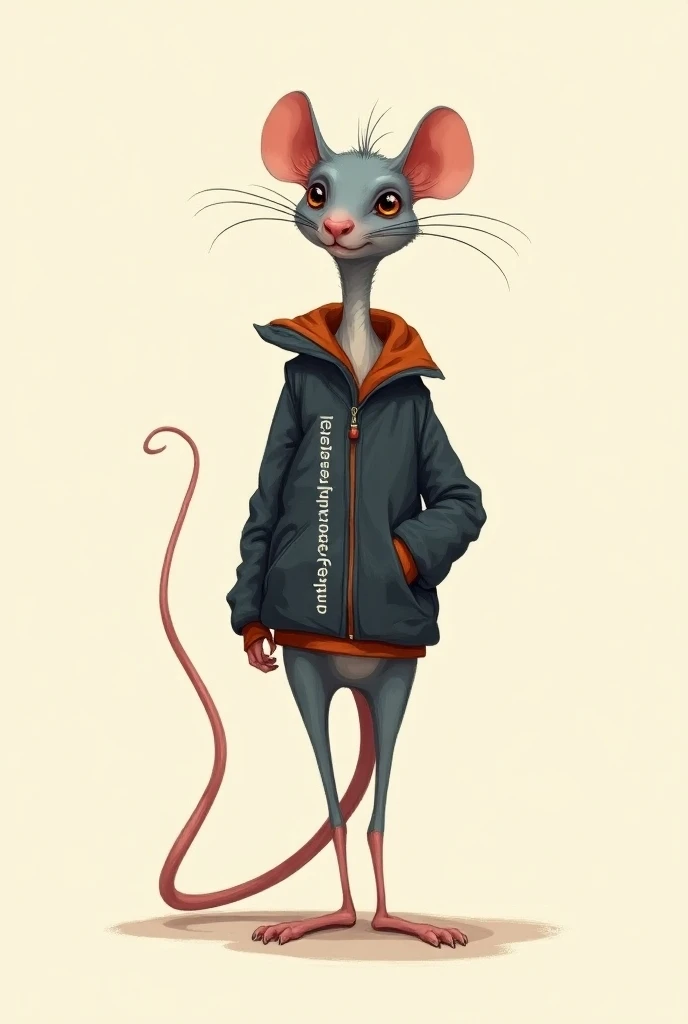 CREATE A RAT WITH A LONG TAIL ,  WITH A JACKET THAT SAYS ELEDONIO CARHUANCHO