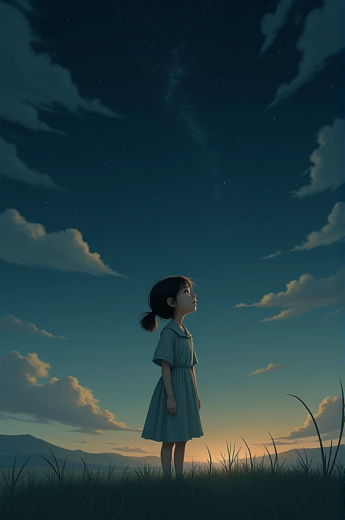 Image Prompt: A young girl with humble clothes, standing on a grassy hill under a dark sky, gazing upward with wonder. Her face has a soft, hopeful expression, and the landscape around her feels both vast and desolate.
