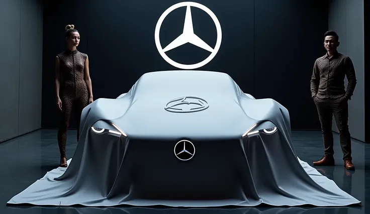 New model 2025   mercedes exelero car, a large logo on the backwall,An opening ceremony of car is being held and a beautiful woman and a handsome man are putting logo clothes on complete the bike , car are covering with the Mazda Logo cloth