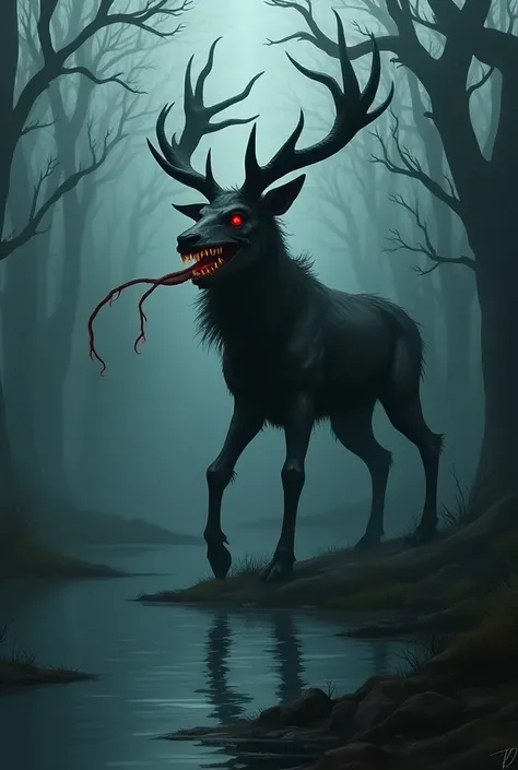 A deer windigo demon with sharp teeth, long snake like tongue, five red crimson eyes, long black horns. An abomination creature that stand beside a lake surrounded with dark trees. Has 8 limbs and bones protruding on its body.