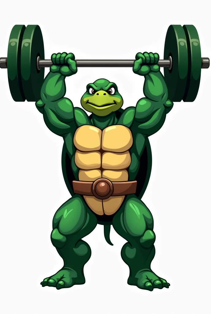 Vector-style illustration of a strong, muscular green turtle lifting a heavy barbell above its head. The turtle has a determined expression, prominent biceps, and a robust, muscular upper body. Simple, clean lines with bold green colors, optimized for a lo...