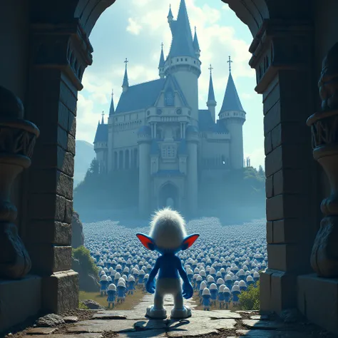  Smurf looking like gremlins , At the entrance of his castle ,  overlooking his thousands of smurf servants.