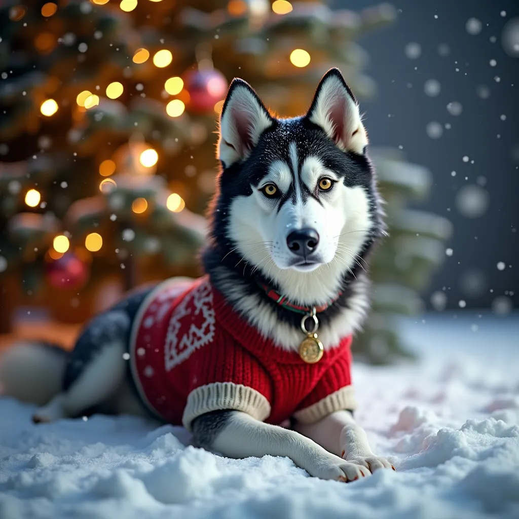 alaskan husky wearing christmas sweater, under the christmas tree, in the snow, in the style of national geographic photo, studio lighting, detailed and sharp, album covers, editorial photography, Award winning photography --v 5.2add snow fall