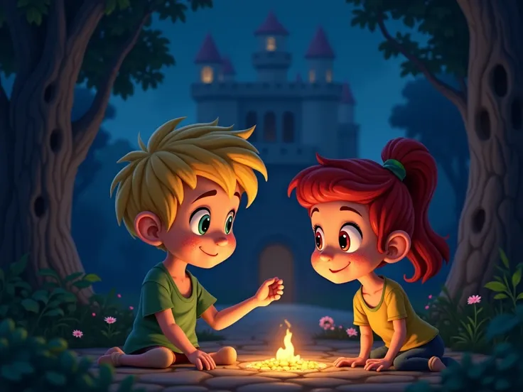  image for a cartoon story YouTube video in Pixar format.   Kylie is a boy with freckles and blond hair and Liora is a girl with bright red hair and piercing eyes, at night they are looking for a treasure in the castle