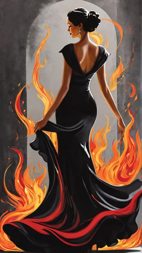 
Create a captivating line art representation of an elegant woman in a flowing flamenco dress, surrounded by vibrant, flickering flames. Her silhouette should be gracefully highlighted in a soft, glowing red, capturing the movement and passion of flamenco....