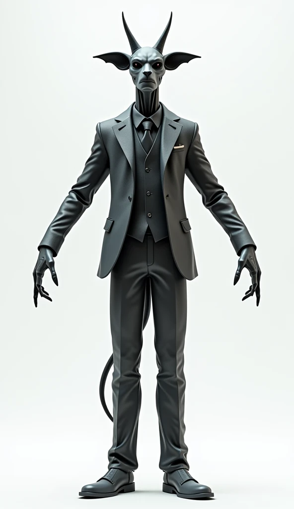  Create a realistic photo of a 1 character in 3D  (CGI)  in a style Scary scary for a horror project .  The characters texture is dark gray ,  similar to a very dark iron statue ,  but without a pedestal or platform under his feet ,  the texture is not lig...