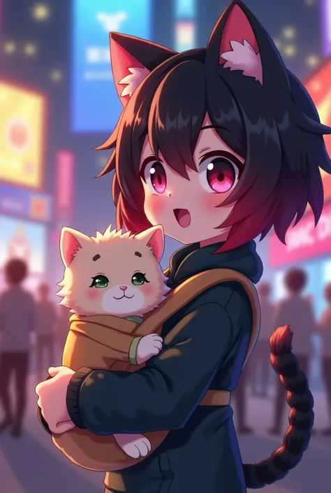 An anime illustration of a cute, cool cat with black-red gradient hair holding a kitten in a baby carrier while watching an event


