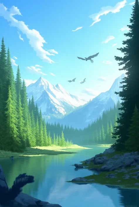 Clear sky, trees, mountains, water, birds