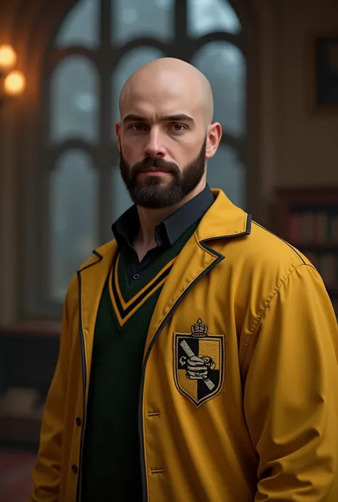 Beautiful young bald boy with short black beard  ,  brown eyes in the HUFFEPUFF house uniform 