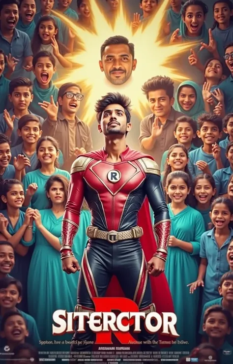 A Bollywood superhero movie poster featuring a handsome young heroic man in a striking red and black superhero costume written "R" letter on chest, bearing a close resemblance to Ayushmann Khurrana. He is depicted in a powerful, dynamic stance, hands on wa...