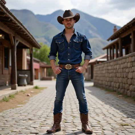 man wearing cowboy outfit, standing on a cobblestone street in what appears to be a rural or western setting. The man wears a dark blue denim shirt, blue jeans, cowboy boots, and a wide-brimmed cowboy hat. He has an athletic, masculine appearance and a pow...