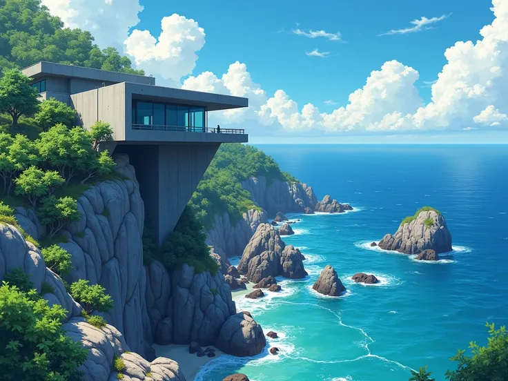 anime painting, grey concrete structure on a cliff, coastal view, contemporary, high contrast, cell shading, strong shadows, vivid hues, azure ocean, lush vegetation, tropical, cosy