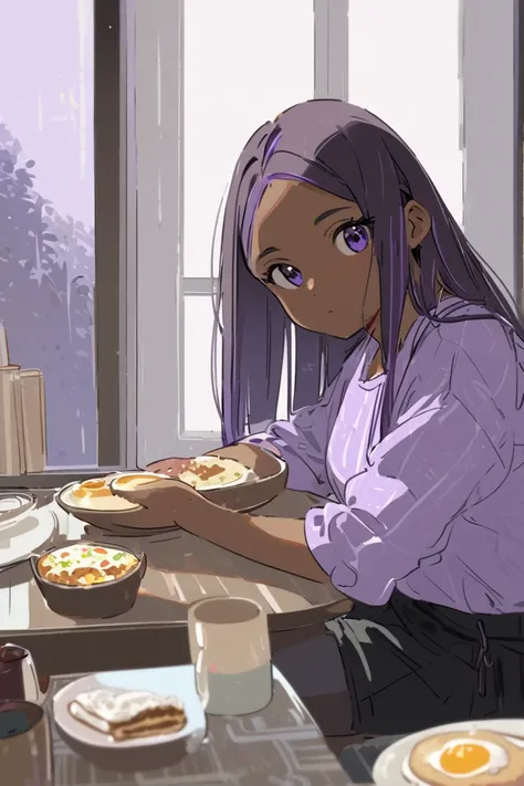 A teenage woman,shorty,dark skinned,All straight hair , brown mixed with purple highlights on the ends of her hair , lilac shirt and black shorts ,sitting and looking out the window at a table full of breakfast in the kitchen,The sunlight invades a little ...