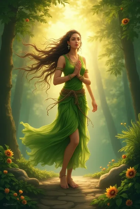 "A divine illustration of Dharti Mata (Mother Earth) emerging in a graceful, feminine form. She is depicted as a serene and beautiful woman, adorned with earthy tones, green and brown attire, symbolizing her connection to nature. Her presence radiates warm...