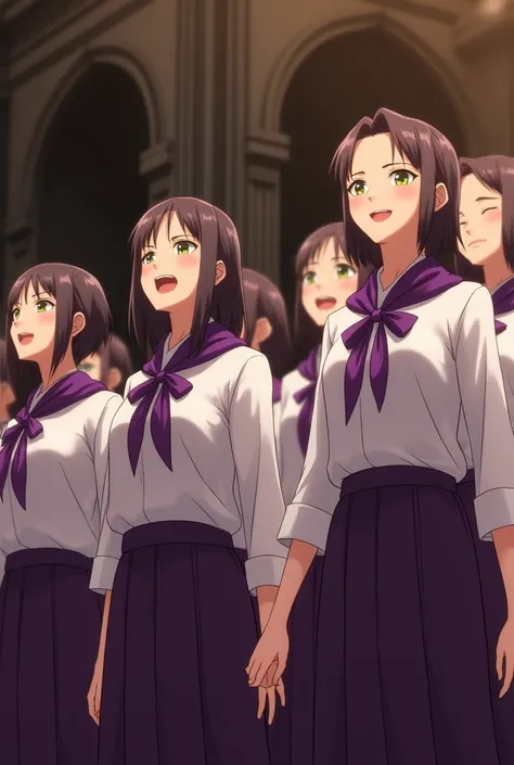 Women singing in the choir wearing a white shirt with 3/4 sleeves, purple knee-length straight skirt and purple scarf tied like a bow at the neck