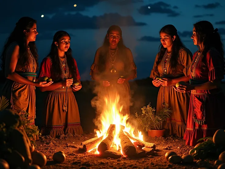  A nighttime scene with a bonfire illuminating the faces of spiritual ancestors in an ethereal form. Quori ,  women in ceremonial clothing ,  offer fruits and herbs while chanting songs of protection and ancient wisdom .

