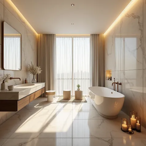 A picture of an elegant bathroom shows a spacious area with a sleek and sophisticated design. The walls are covered with marble tiles in warm tones like beige or light gray, accompanied by soft lighting that creates a relaxing atmosphere. In one corner, th...