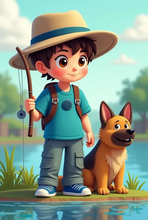  Illustrate a Minecraft-style character,  fishing hat with fairly light brown hair, hazel eyes, fair skin tone,  some jean cargo pants , blue shoes, wearing a  (Circular, Navy blue), and a blue sports shirt , accompanied by a German shepherd dog 