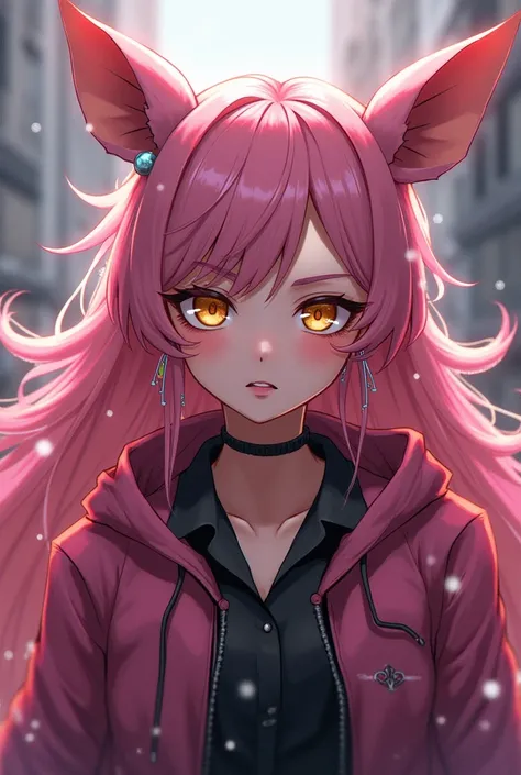 My hero academia style anime woman with long pink hair and deer ears. She has golden eyes and a lot of ear piercings, wears a jacket