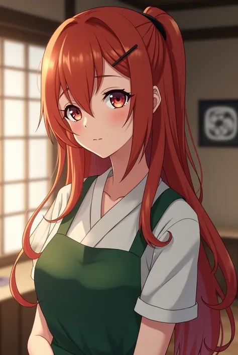 The beautiful and cute woman Dasha Taran plays the character Kushina Uzumaki name who has long flowing, straight red hair with a minimalist hairpin accessory on the left, wearing a short white shirt layered with a green apron. is in the kitchen with tradit...