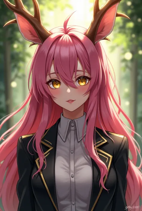 My hero academia style anime woman with long pink hair and deer ears. She has golden eyes and wears a jacket