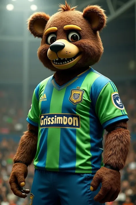 Freddy Fazbear wearing a green and blue soccer jersey and Grissimbon as sponsor