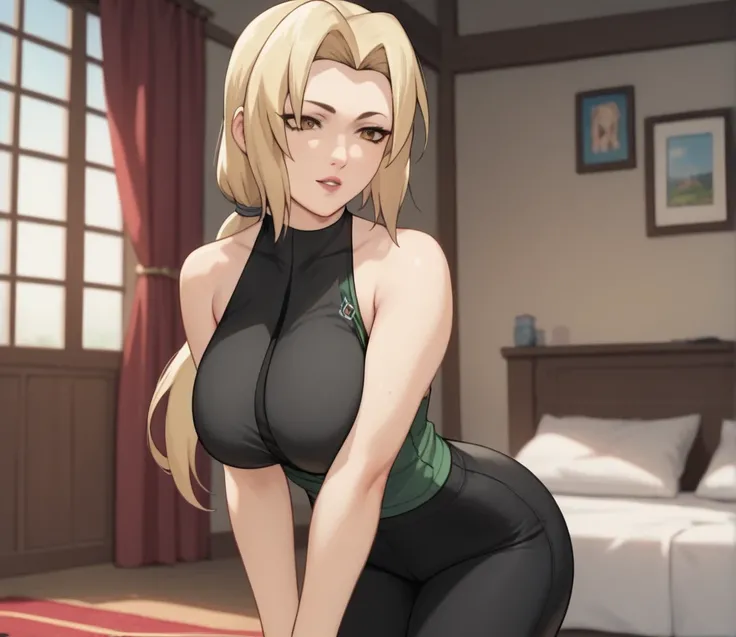 Tsunade Senju , Age 40 years, yellow hair, Hairstyle:  ponytail, outfit:  a sleeveless black shirt you can see her arms uncovered,  large breasts low cut with her shirt ,  tight black leggings pants ,  in a room of a bedroom , Milf High resolution ,  maste...