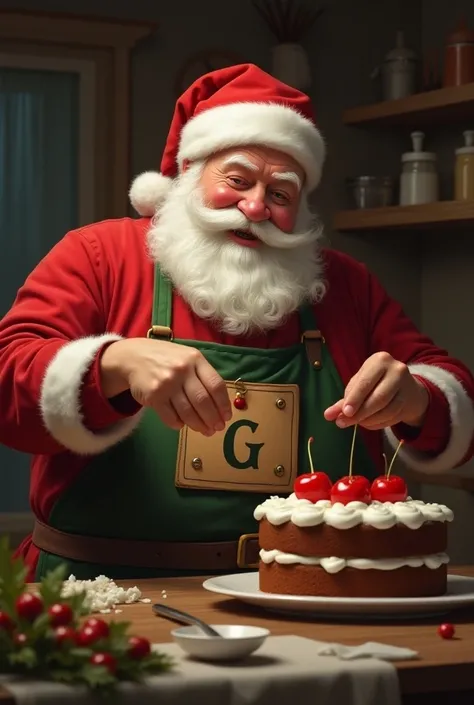 Santa Claus puts a cherry on a big cake and wears an apron with an apron with a label with the letter G marked on it.. Portrait semi réaliste