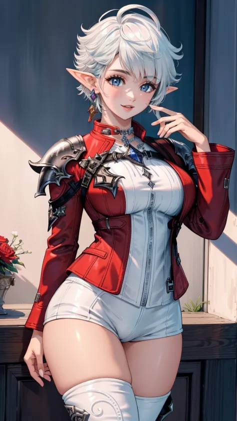 (masterpiece:1.2, best quality), (intricate details), alisaie, (alisaie leveilleur (final fantasy)), 1girl, elf ears, red jacket...