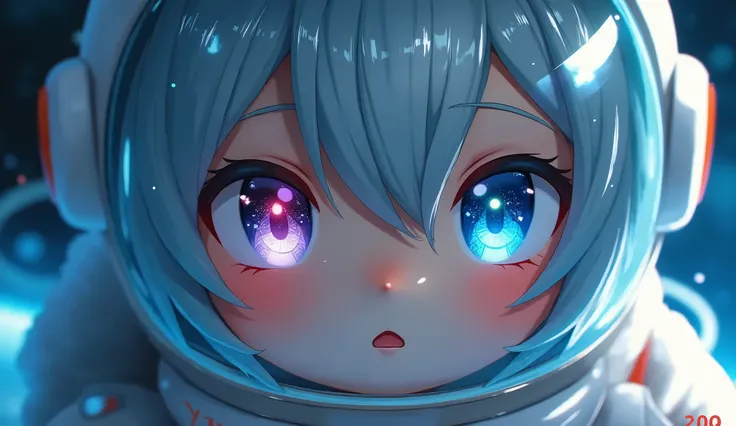 Close-up of an improved masterpiece:1.5)0.9], (Space and astronauts:1.2) (Messy silver hair:1.1) (Heterochromia: xanthochromia and blue eyes:1.2) (Space helmet shows text: "VTAN" :1.0) (Colourful stars in the eyes:1.0) (A radiant glow:1.1) (thick lips:0.9)...