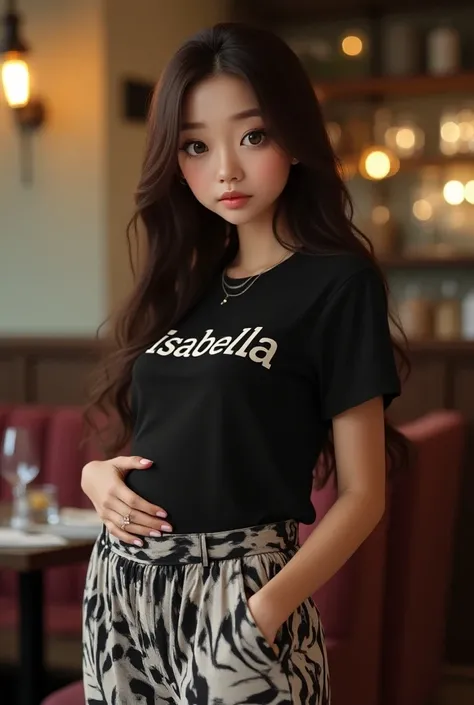  Korean pregnant woman  , LIA 21 year old  ,  bright brown hair long very smooth natural with whipped cream skin fringe with perfect texture, green-eyed, soft makeup lipstick transparent , on her finger a diamond ring  , Wearing a tight black t-shirt writt...