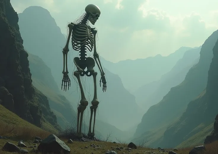 skeleton with bones , nervous, tendons,  skin rising up in an immense valley