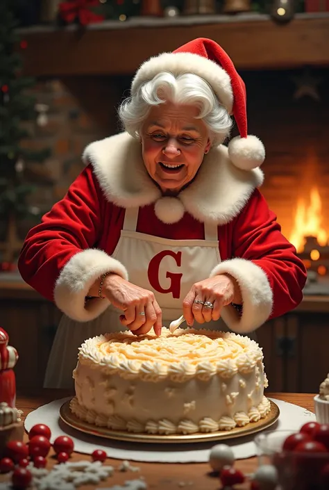 Grandma Santa Claus puts the icing on a big cake and wears an apron with the letter G engraved on the side of the cake.. Portrait semi réaliste