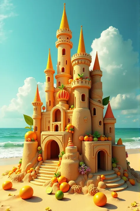 An ais-lmnsgr sandcastle is carved into an intricate, Citrus themed palace