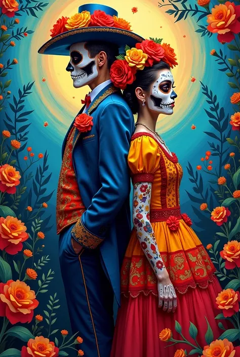  An image of an uncle with his niece , Where the uncle is dressed as Catrin and Catrinas niece .  Both have skull makeup and wear spectacular typical Day of the Dead costumes, They are back to back and the image looks like an abstract painting in Mexican m...