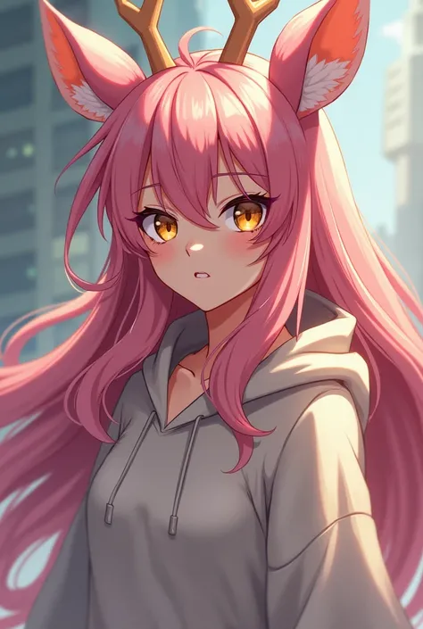 My hero academia style anime woman with long pink hair and deer ears. She has golden eyes and wears a hoodie