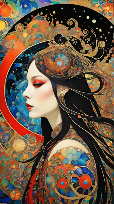 Mucha、 1 snail hut ， star artist ， artist of the sun 、Colorful Black， world of colors ， dopamine ，Beautiful woman with red eyeshadow 、Long Hair、diatom ， abstract mosaic painting ，  depicts the inner world of an autistic person，Spatial Sense，blank，Innocence...