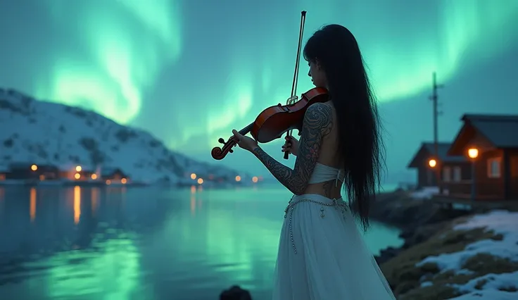 In Pretty Woman ,  lights in it bright , round steel equipment , long black hair,  white steampunk clothes , playing violin,  tattoo on arms and bodies , Maximum details,  intricately detailed,  lighting ,  Northern Lights over a Nordic Fjord,  the colorfu...