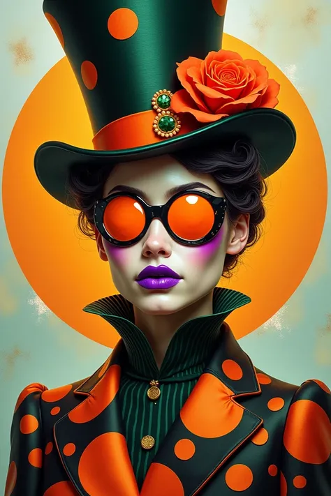 
A glamorous figure wearing a tall, patterned top hat adorned with an orange flower and colorful embellishments. The figure has striking makeup featuring large, orange eye patches and deep purple lips. They wear a bold, patterned coat with circular designs...