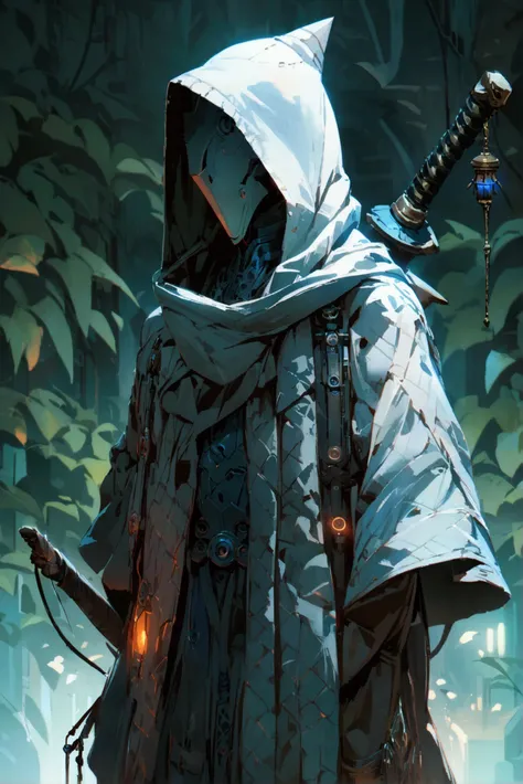 a mysterious hooded figure standing in a dimly lit environment, face obscured by shadows, glowing white eyes devoid of pupils, gray cloth wrapped around the neck and partially covering the torso and right arm, dual swords and sais hanging at the sides, a s...