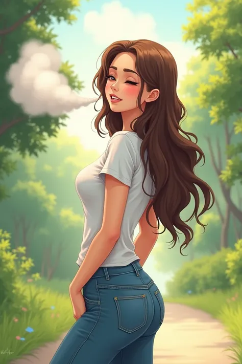 A woman from behind wearing a white t-shirt and skinny jeans farting with a funny face 