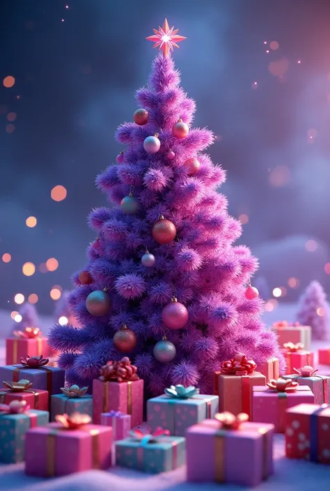  purple and pink Christmas tree in the center 、 100 gift boxes in the foreground 、background、star