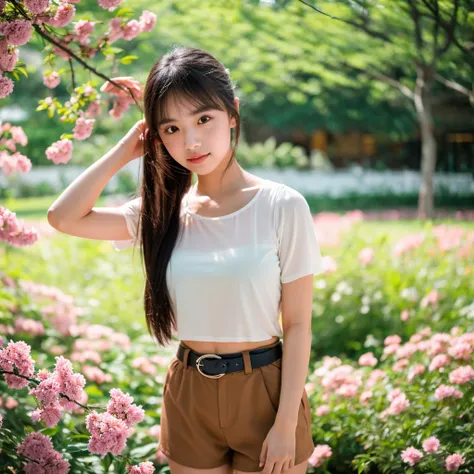 Create an image of a young woman  Thai standing outdoors with a backdrop filled with blooming pink flowers and lush green foliage. She is dressed in a white short-sleeved blouse and black high-waisted shorts, cinched with a brown belt. The focus is on her ...