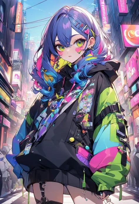 Esta es una obra maestra del estilo callejero de Harajuku con detalles extremos.. Generar una tendencia ((decorar)) mujer ciberpunk (stying) in the colorful y chaotic streets of Akihabara, Tokyo in the style of decorar street style. The womans decorar y Ha...