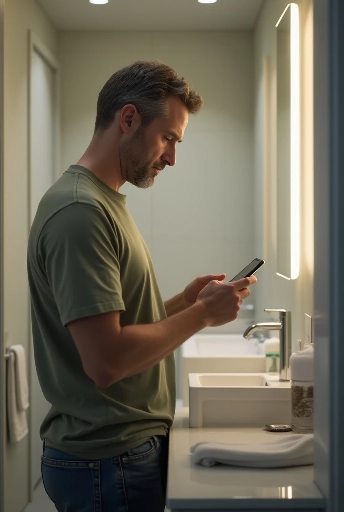 Man using cell phone in bathroom 