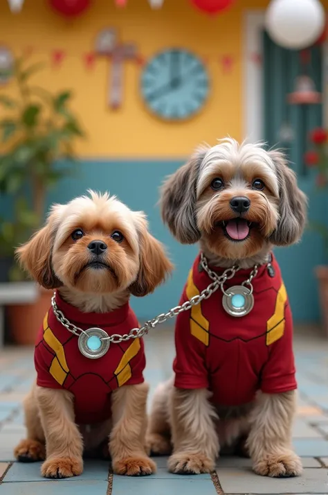 Send me an artificial intelligence photo of a Shih Tzu caramel dog and a mutt celebrating a year dressed as Iron Mans tether