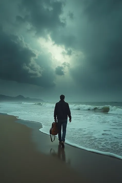 Image poster of pre oceanic storm from beach where a man waking with a guitar alone 