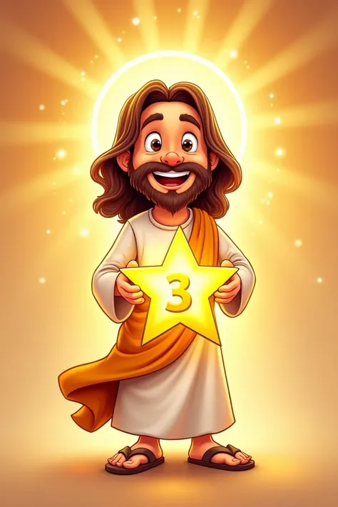  IMAGE OF JESUS IN A CARTOON ,  HOLDING A STAR WITH THE NUMBER 3, SHE IS HAPPY AND SHINY 