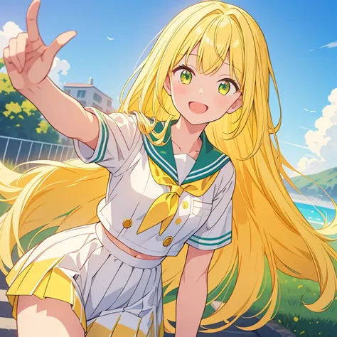 (high quality), (masterpiece), 1 girl, young girl, neat bangs, long hair, ((yellow color hair)), ((green color eyes)), cute face, happy, smiling, wearing a white school uniform, wearing a sailor suits