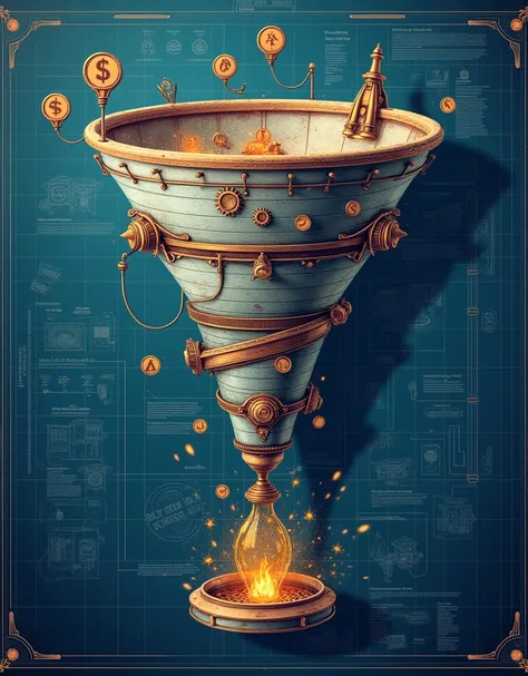 sales funnel graphic you requested, with the top featuring traffic icons and the base flowing towards symbols of profit. It combines a blueprint-like structure with futuristic steampunk aesthetics, accented in blue, gray, and gold for a dynamic and sophist...